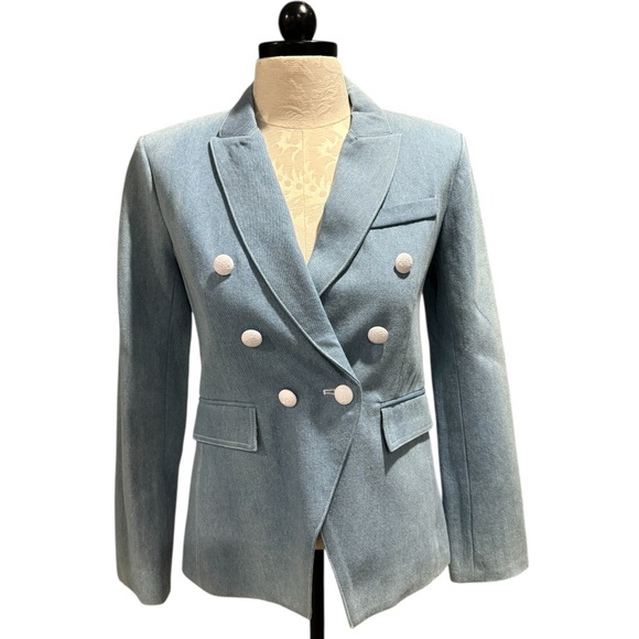 NWOT Kourt double-breasted light denim blazer with white buttons Size Small - Picture 3 of 9